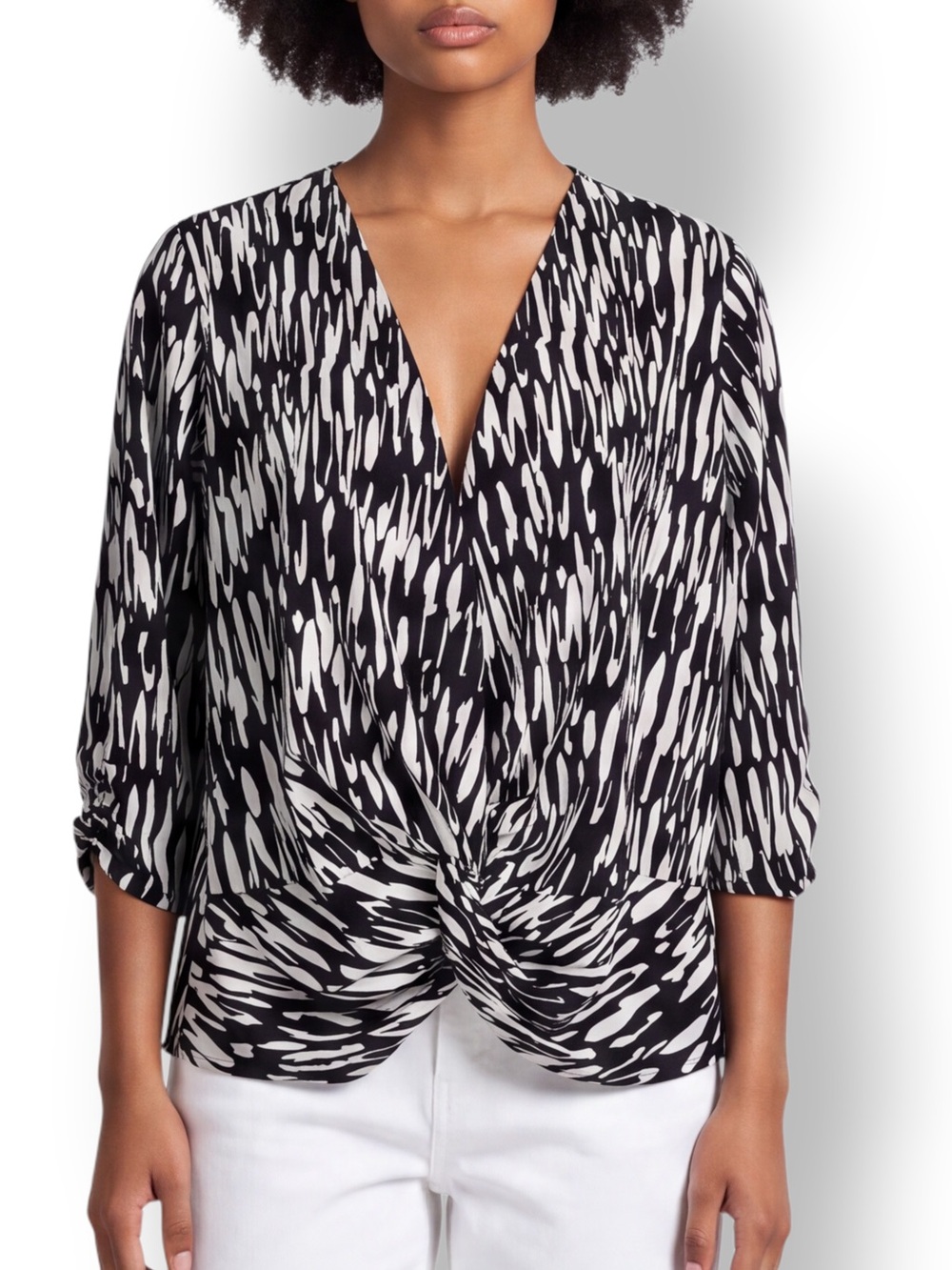 4/$20 Cocomo Black White Abstract Print Twist Front Blouse Top Size Medium